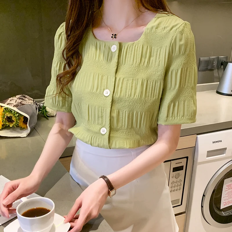 

Chikichi Summer Dress New 2021 Korean Version of The Hundred Square Collar Show Thin Small Short-sleeve Bubble Chiffon Shirt Top