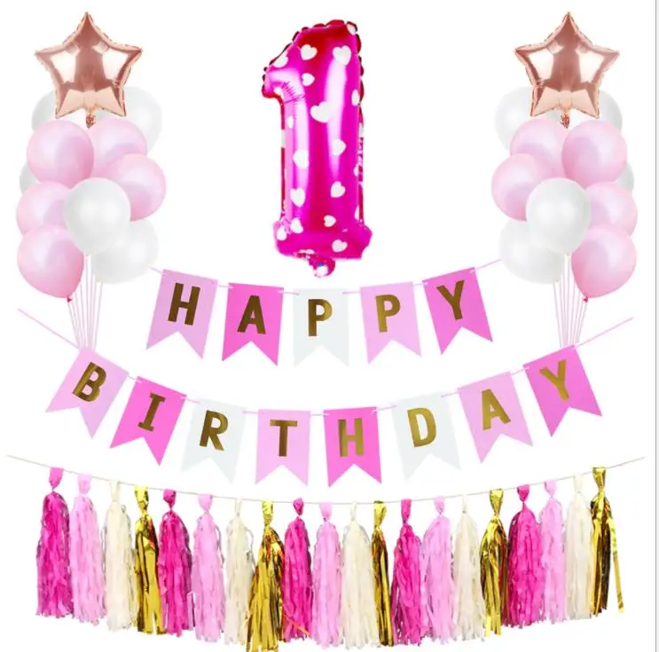 

Baby 1st Birthday Party DIY Decoration Supplies Set Latex Foil Balloons Birthday Banner Tassels Paper Flowers
