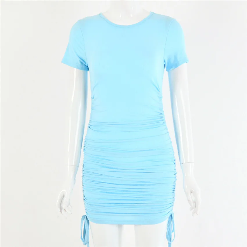 Black Drawstring Ruched 2020 Summer Dress Women Sexy Skinny Bodycon Bandage New Casual Short Sleeve Mini Dresses | Женская одежда