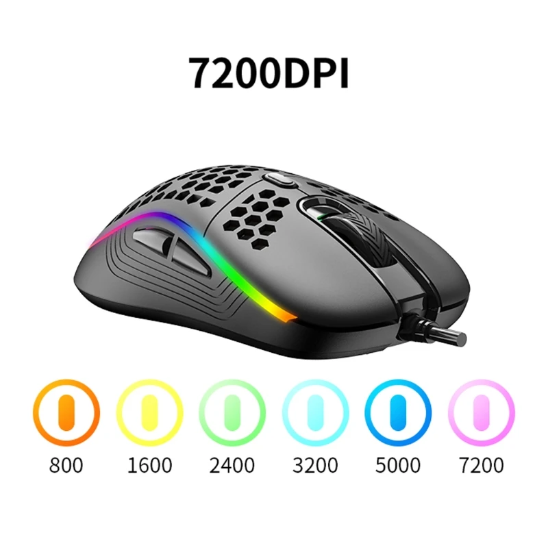 

6 Buttons Ergonomic Optical 7200DPI Honeycomb Wired USB Mouse Hollow-out RGB Gaming Mouse