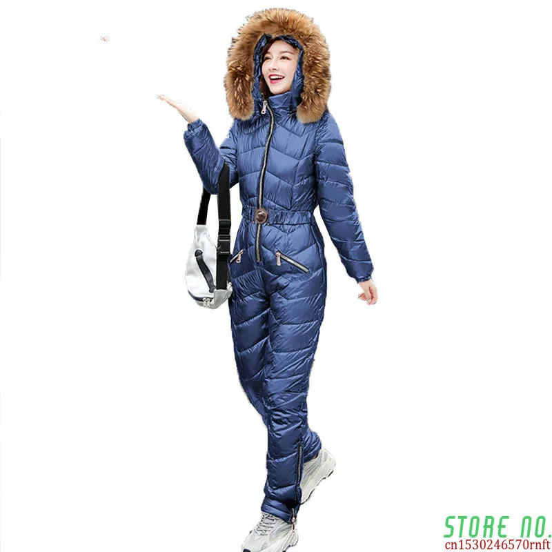 

New Winter Women's Hooded Jumpsuits Parka Cotton Padded Warm Sashes Ski Suit Straight Zipper One Piece Casual Tracksuits