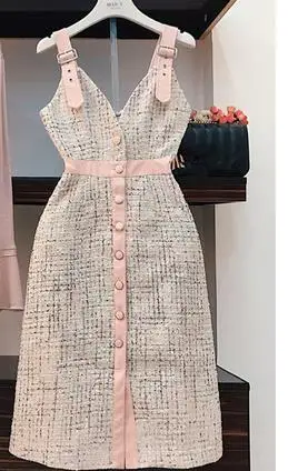 strap dress only Комплект из 2 предметов, платье для женщин, Осень-зима, брендовый женский розовый трикотажный топ с расклешенными рукавами, однобортный твидовый в клетку, комбинезон, платье - Цвет: strap dress only