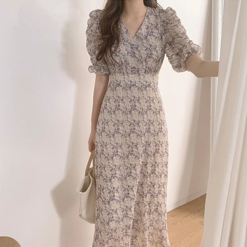 

2021 Summer Korean Style Elegant Dress Vintage Floral Print High Waist V-neck Short Sleeve Fashion Casual Ankle-length Dresses
