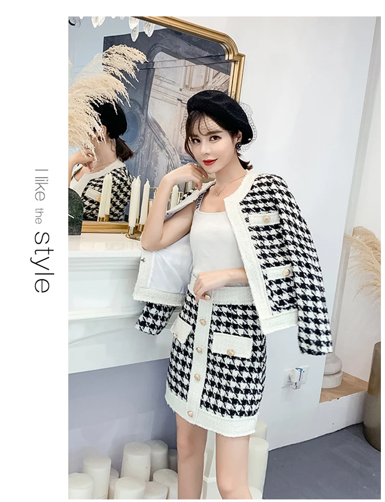 Small fragrance 2 piece set 2019 autumn and winter women's runway tweed wool jacket coat gold button mini pencil skirt suit | Женская