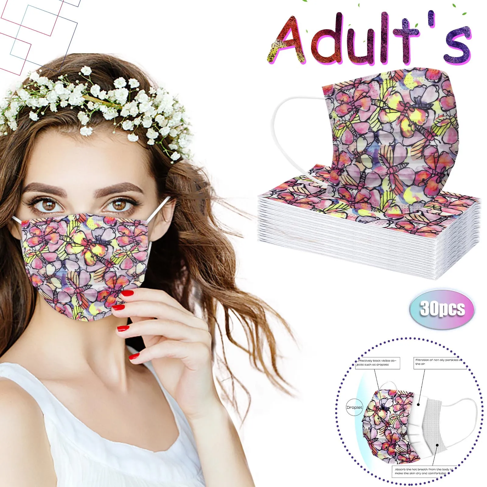 

30PCS Adult Mask Disposable Non-woven Breathable Face Mask Fashion Butterfly Floral Print 3 Layer Design Mouth Mask mondkapjes