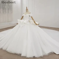 white puff sleeve ball gown wedding dress v neck 2021 wedding gown bridal catchedral train simple style elegant satin top