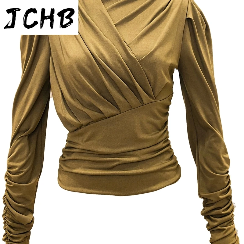 

JCHB Long Sleeve Half High Neck T-shirt For Women Cross Shape Soft Wind Wrinkled Thin Top Hige Street Style 2021 Spring GD1082