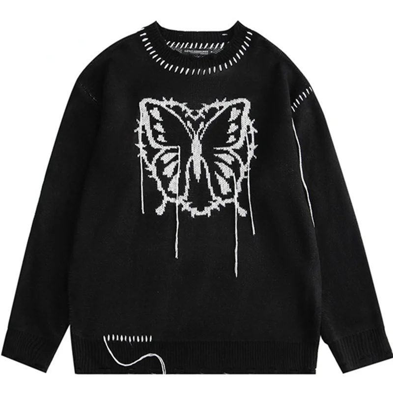 

Hip Hop Knitwear Mens Sweaters Harajuku Pullovers Men Fashion Butterfly Loose Tops Male Streetwear Cotton Sweater Women Autumn
