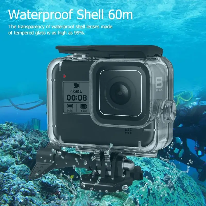 

60m Underwater Waterproof Case for GoPro Hero 8 Protective Shell Cover Housing Black Camera Lens 60M Diving Swimming Accessories