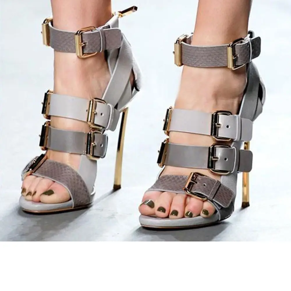 

Peep Toe Buckle Strap Sandals Leather Ankle Boots Metallic Thin High Heels Fretwork Dress Outfit Women Summer Shoes