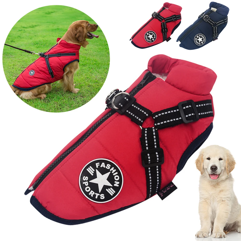 

Large Pet Dog Jacket With Harness Winter Warm Dog Clothes For Labrador Waterproof Big Dog Coat Chihuahua French Bulldog Outfits