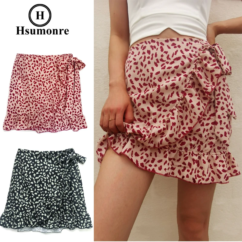 Женская Асимметричная юбка на молнии черная леопардовая трапеция с оборками и