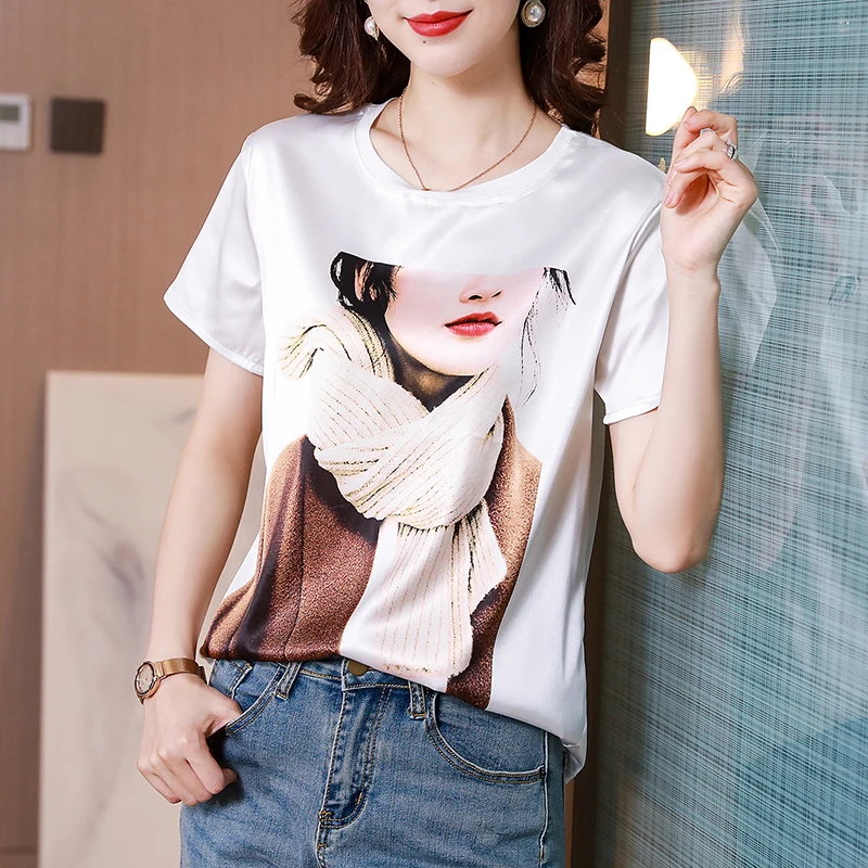 

Summer Korean Fashion Silk T-shirts for Women Vintage Satin Tops for Women White Short Sleeves Plus Size XXXL Office Lady Shirts