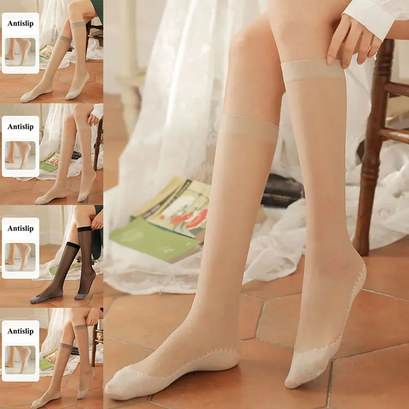 

Transparent Silk Stockings Women 's Breathable Fashion Thin legs Socks Solid Color Sexy Mid-length Calf Socks Sole Cotton