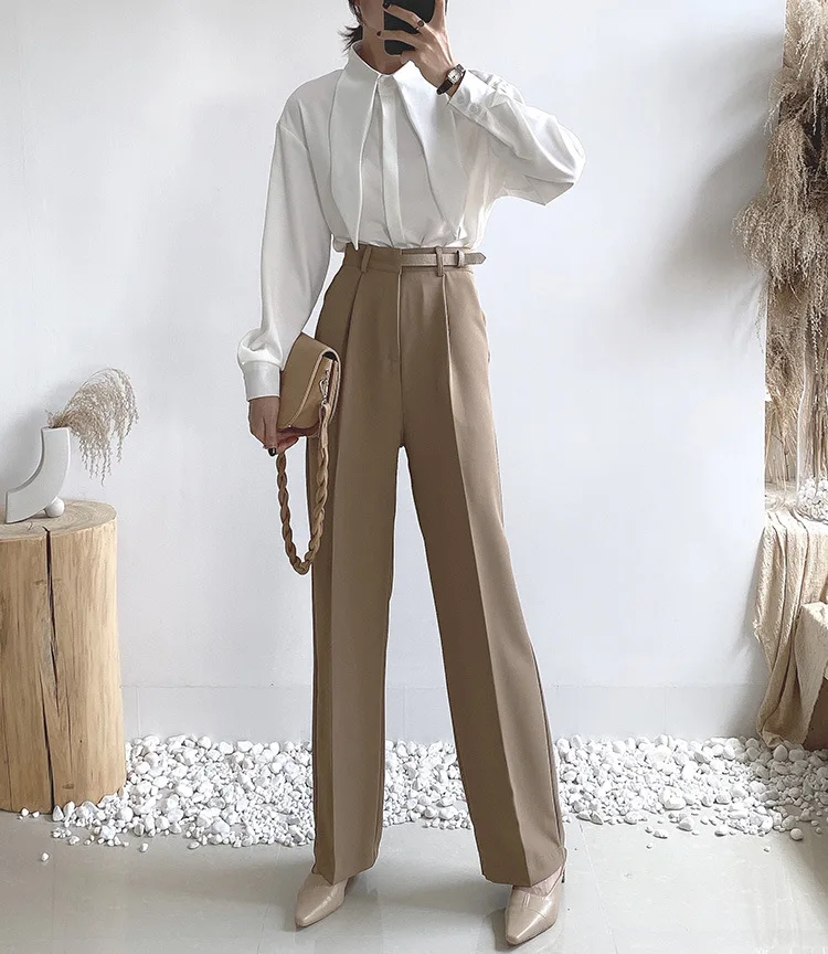 

Elegant Formal High Waist Straight Pants Women Bottom 2021 New Spring Autumn OL Solid Fashion Loose Belted Suit Trousers Female
