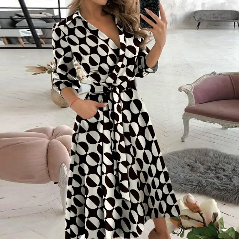 

Платье Laamei женское с V-образным вырезом, ассиметричное элегантное офисное повседневное с буквенным принтом, с рукавом три четверти и поясом,...