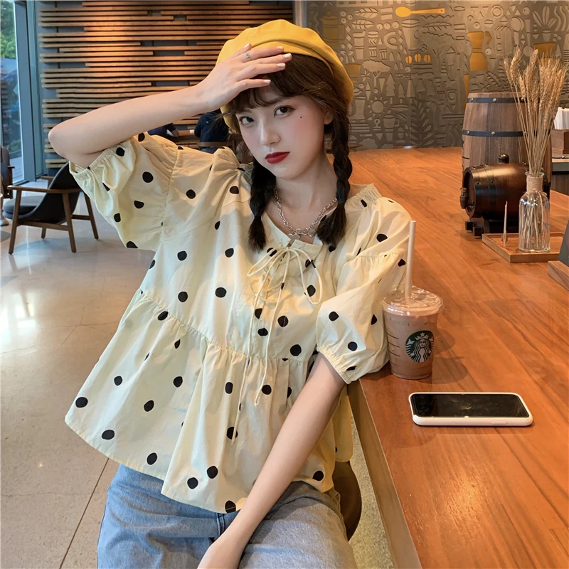 

Cotton Polka Dot Baby Shirt Women's Shirts Ulzzang Japanese Kawaii Ladies Vintage Female Korean Harajuku Cute Clothes For Women