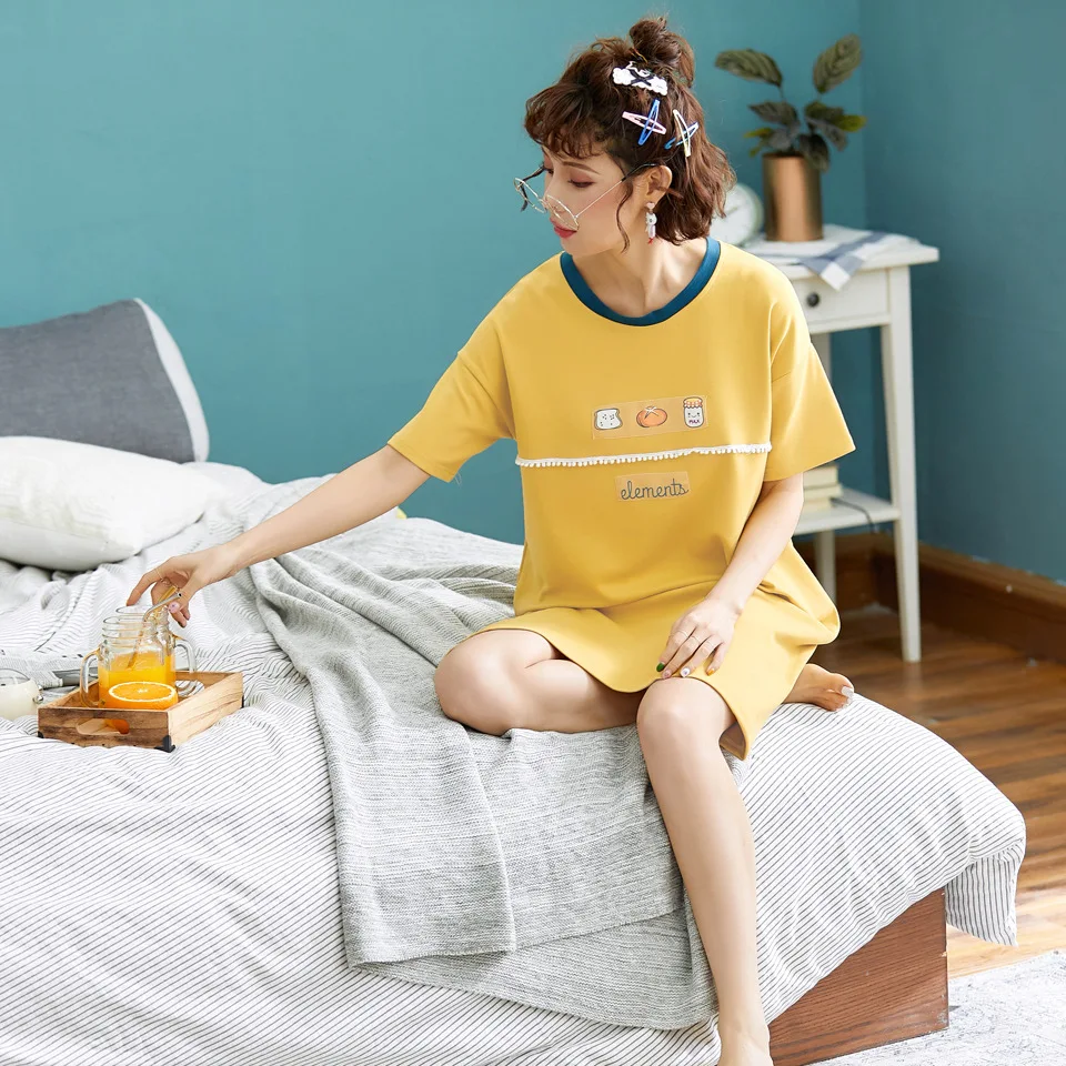 

100% Cotton Cartoon Casual Sleepdress Summer New Ladies Short Sleeve Sweet Loose Homewear Cute Women Dress Ladies