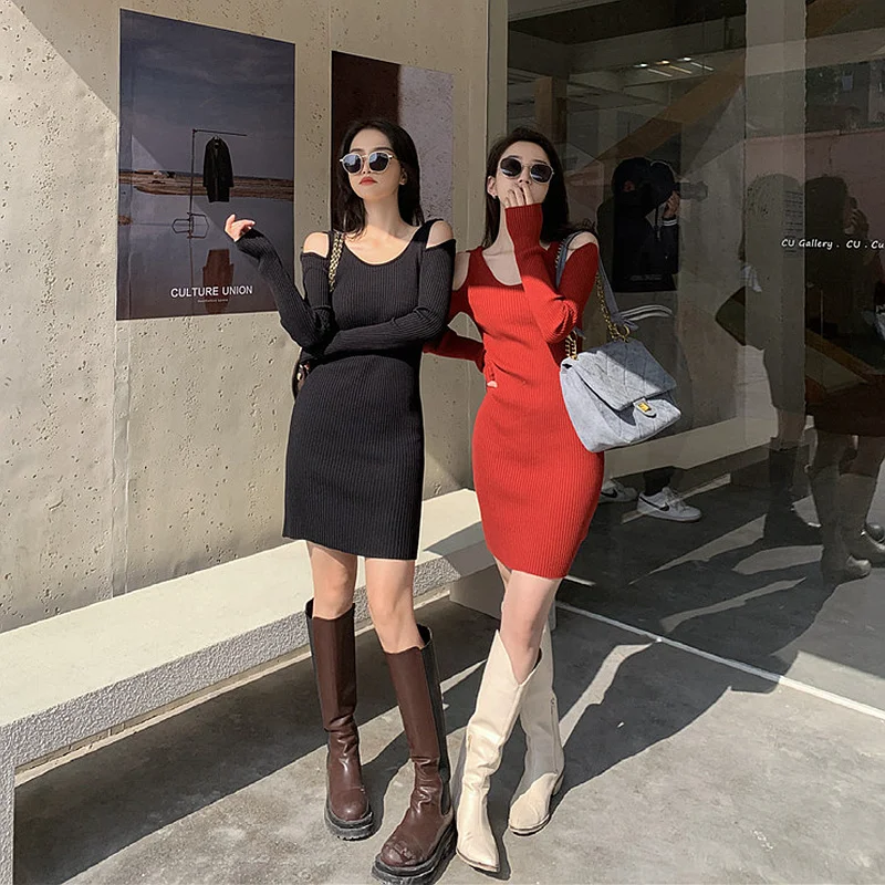 

Off-the-Shoulder Knitted Dress for Women 2021 Autumn New Solid Color round Neck Long Sleeve Sweater Dress Slim Fit Inner Wear