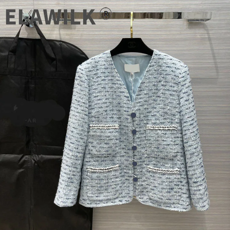 

Женская твидовая куртка с четырьмя карманами, прямая синяя куртка из 2021 шерсти с V-образным вырезом, осень 62%