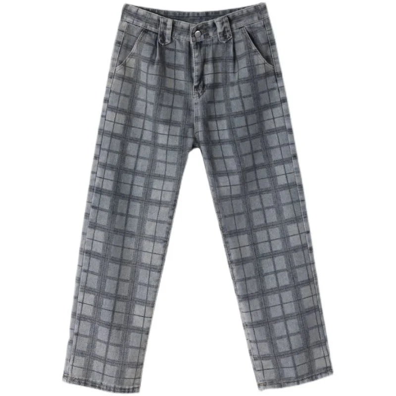 Men's Jeans Checkerboard High End Straight Loose New Gray Couples Movement College 2021 Trousers Fashion Free Shipping