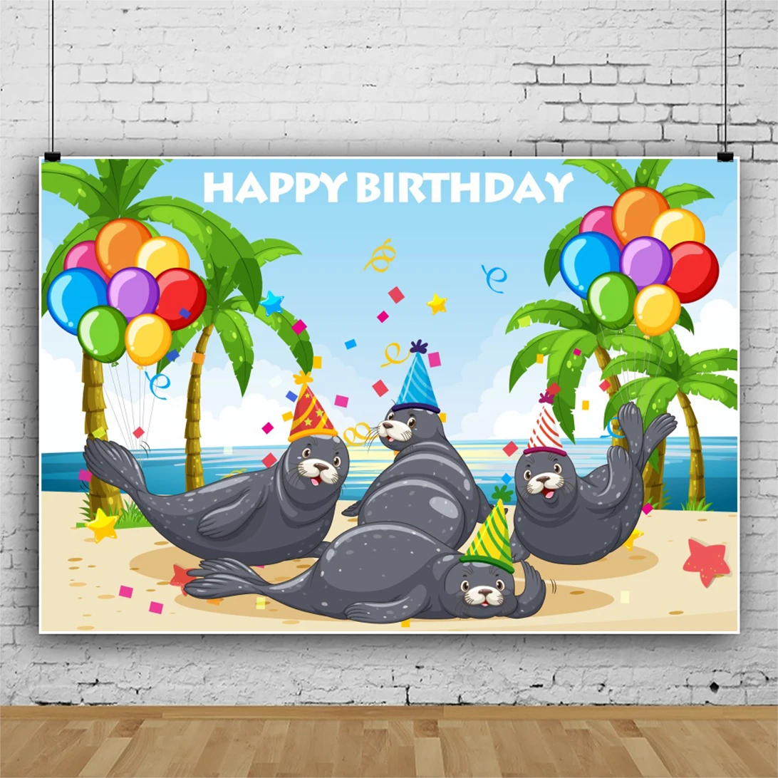 

Laeacco Seaside Beach Birthday Party Backdrop For Photography Sea Lion Coconut Tree Balloons Banner Customized Photo Backgrounds