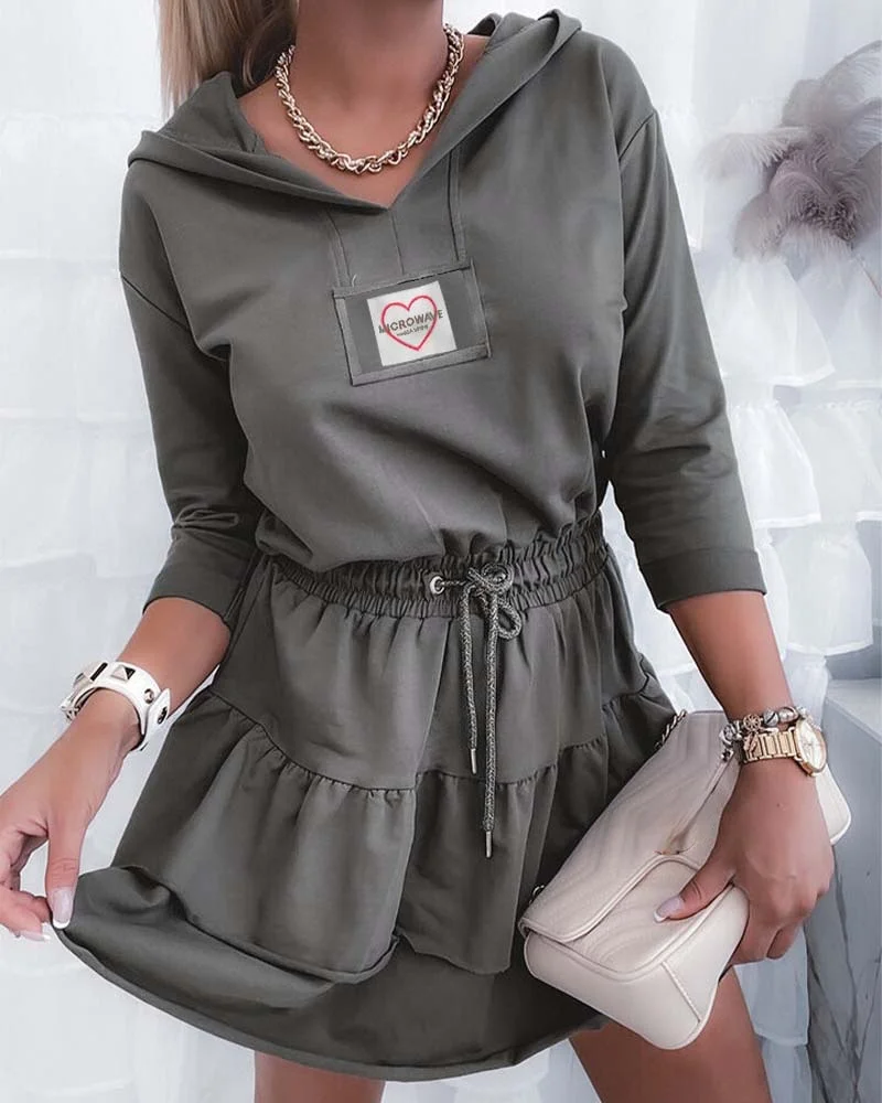 

Heart Patchwork Hooded Dress Women Drawstring Waist Layered Dress