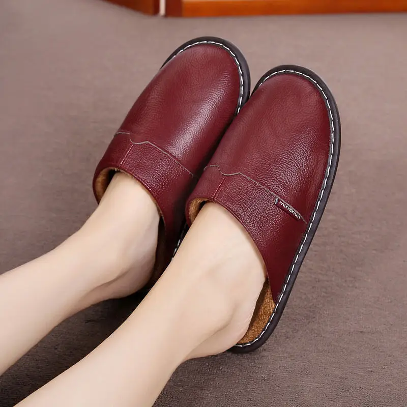 

Wine red slippers womans winter furry slides unisex genuine leather house shoes women slippers
