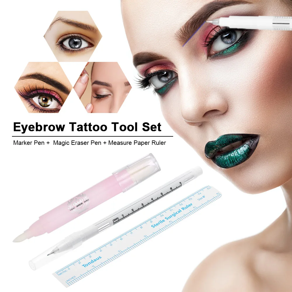 3Pcs Tattooing Eyebrow Skin Marker Pen With Measure Paper Ruler + Magic Eraser Remover Brush Permanent Makeup Tattoo Tools | Красота и
