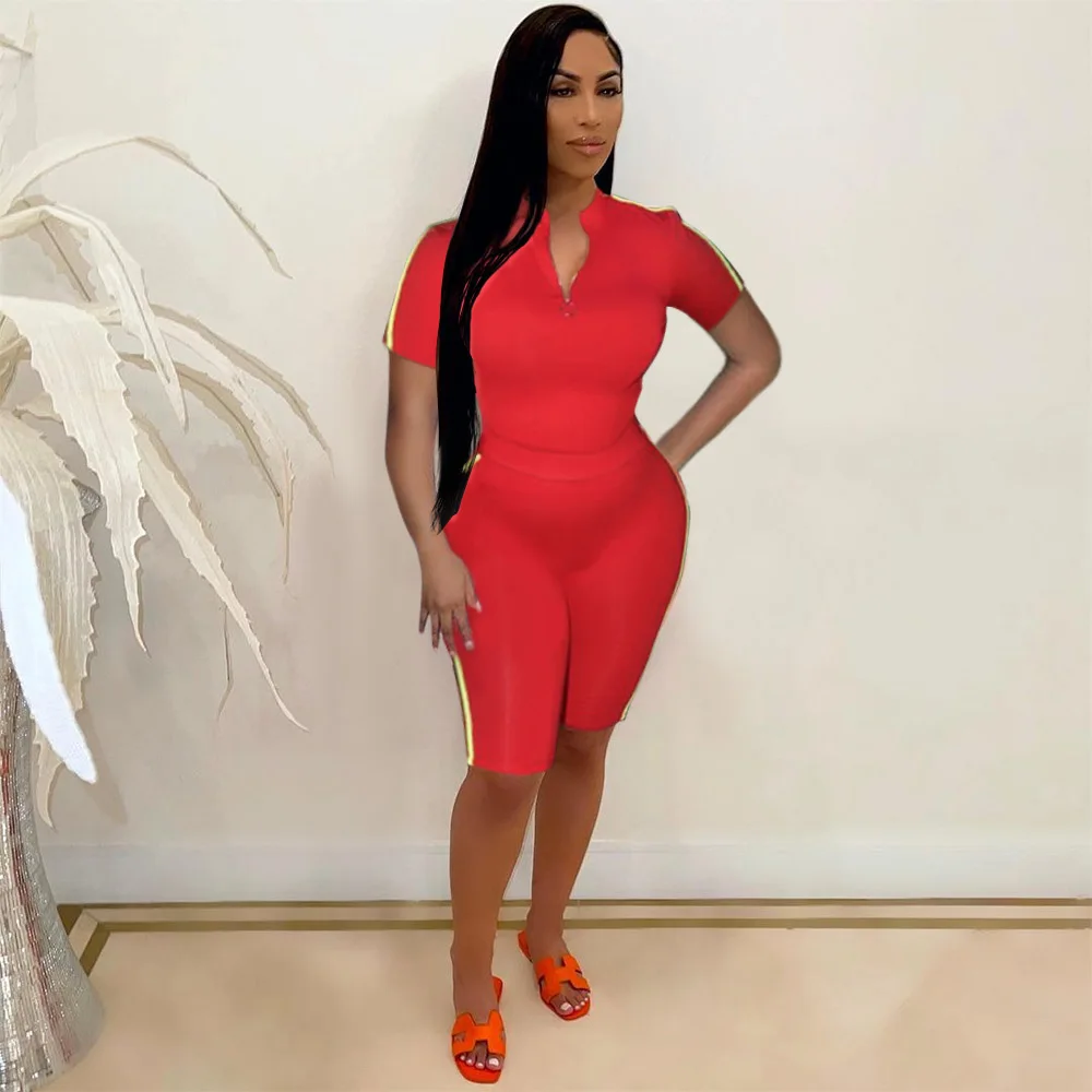 

Боковая полосатая облегающее платье комплект одежды из 2 предметов Для женщин спортивный костюм Глубокий v-образный вырез короткий рукав то...