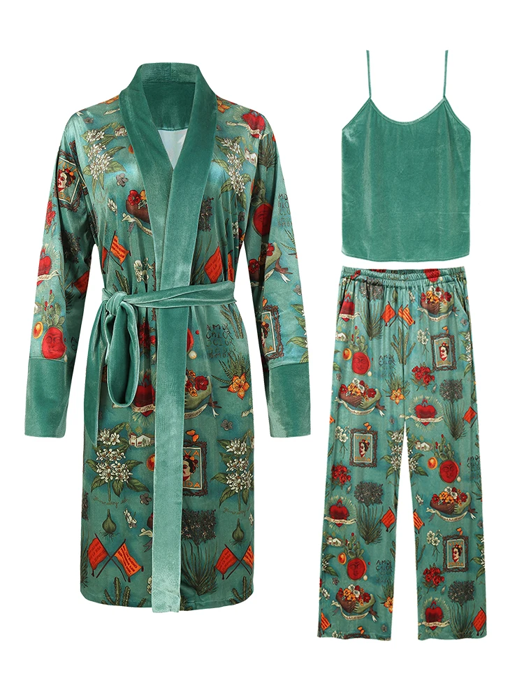 Бархатная Пижама для женщин комплект из 3 пижам с усовершенствованным принтом