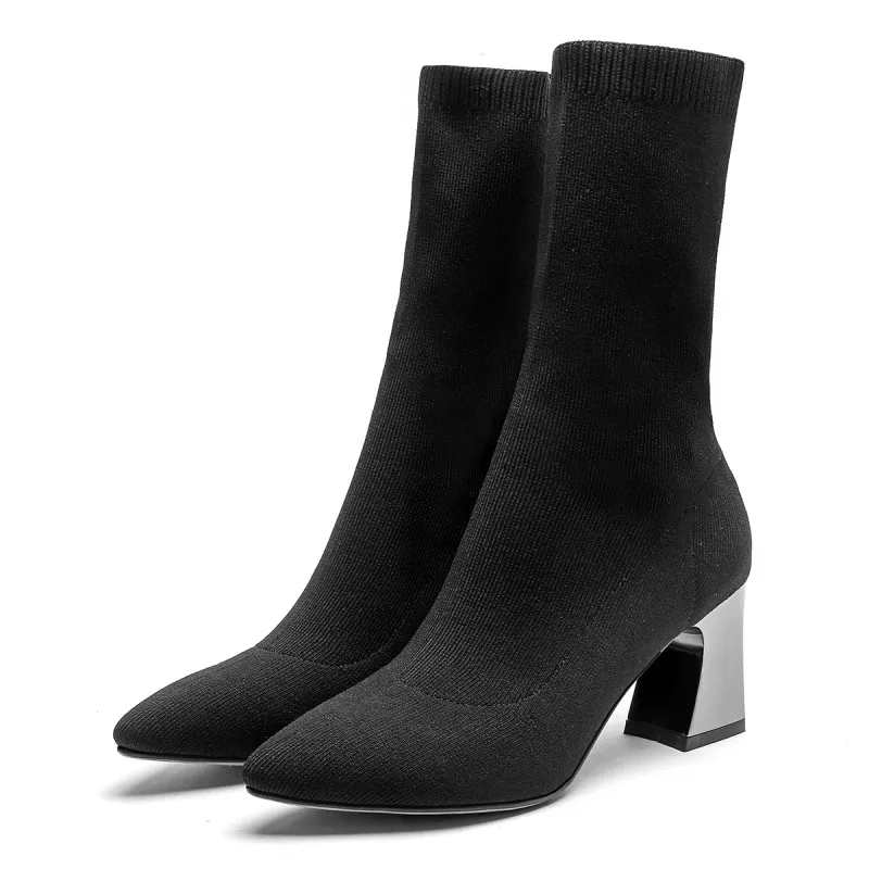Однотонные эластичные ботинки на высоком каблуке с острым носком большой размер