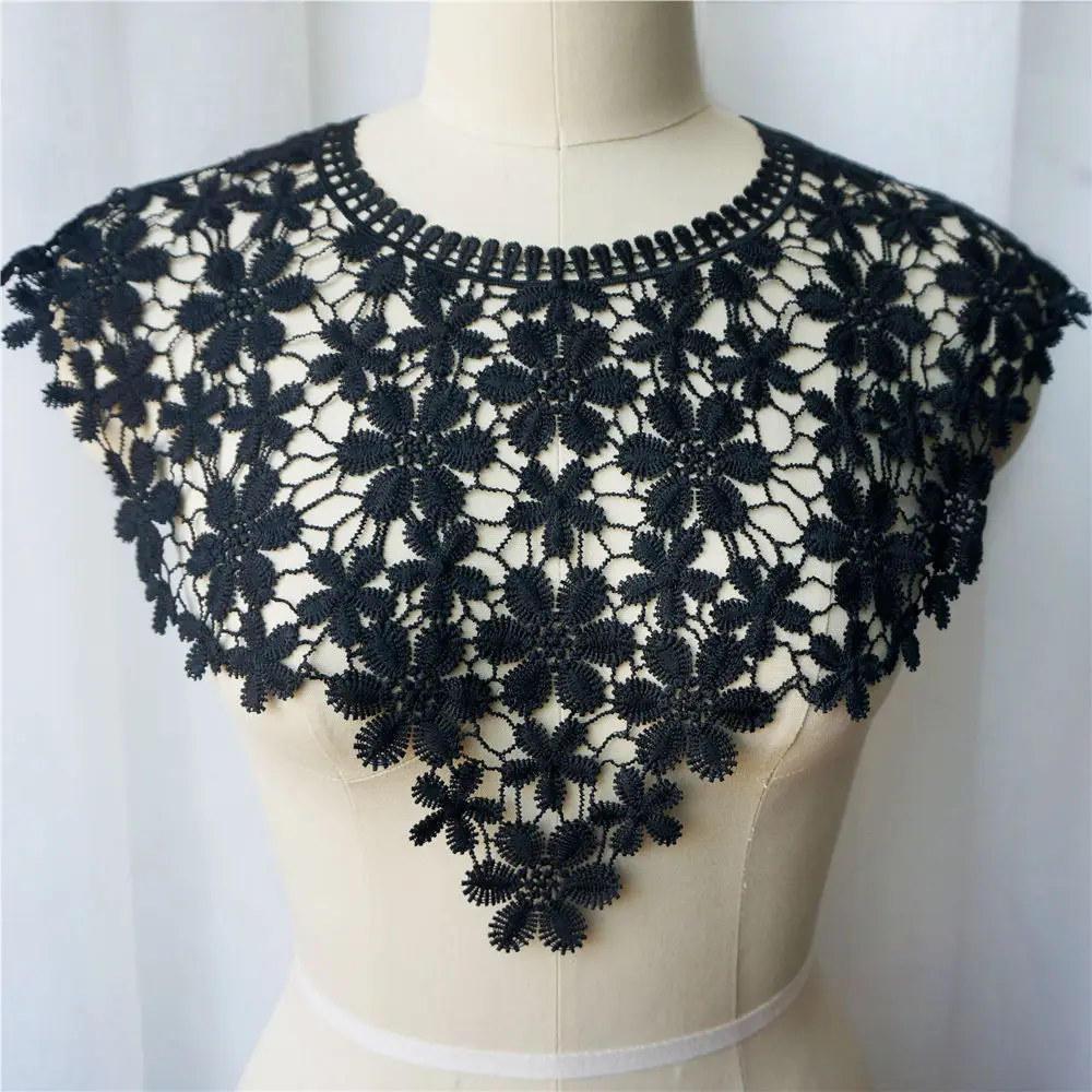 Черная цветочная ткань водорастворимый воротник круглый вырез вышитая