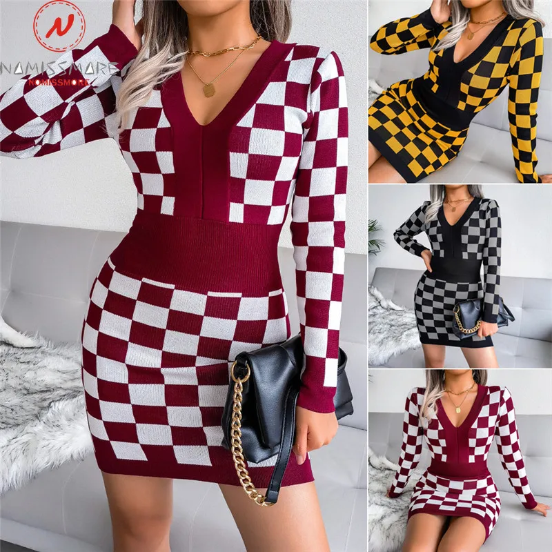 

Elegant Women Plaid Print Pencil Dress Patchwork DesignV-Neck Long Sleeve Mid Waist Spring Autumn Slim Hips Knitted Mini Dress