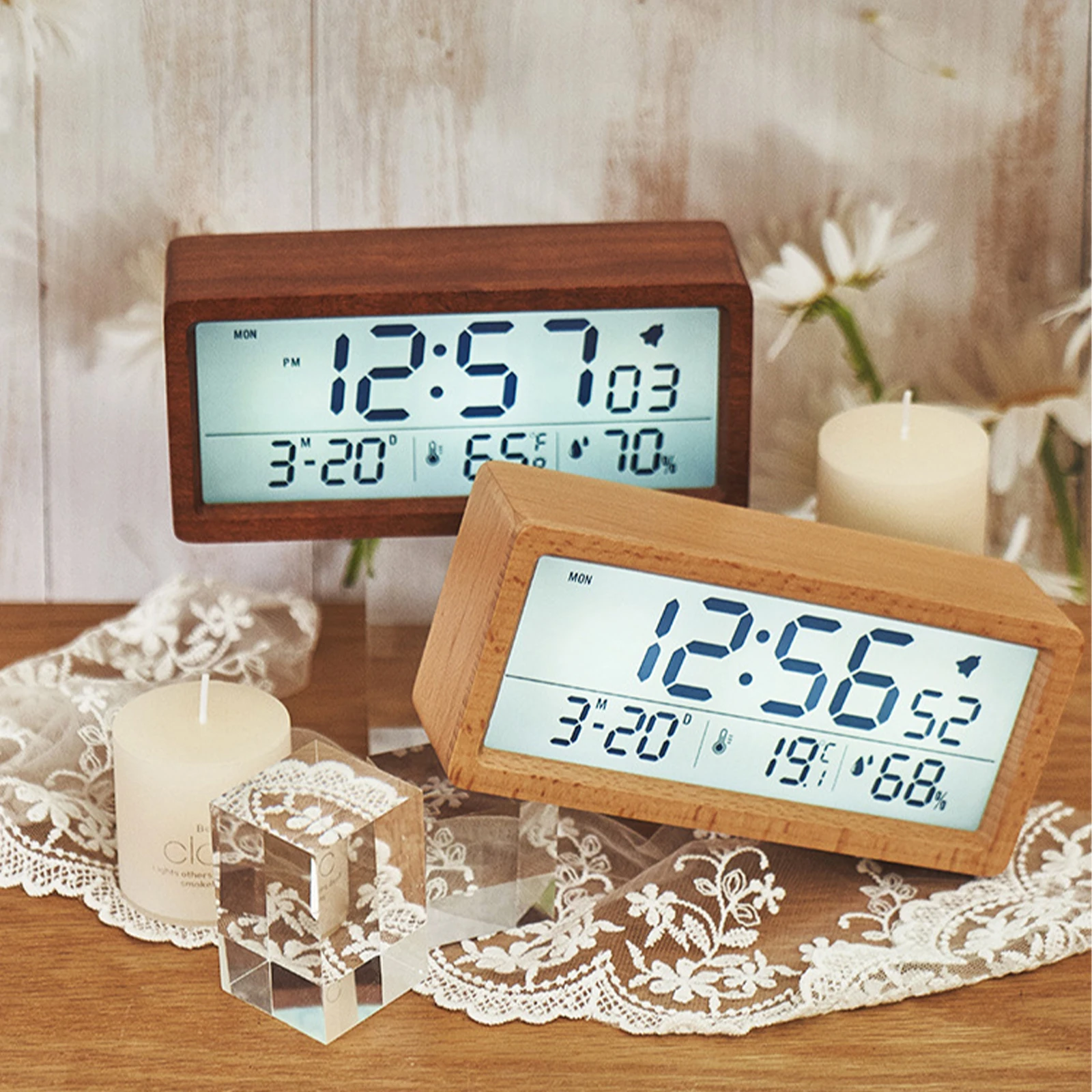 

6 Inch Wooden Digital Alarm Clock Bedside Temperature Large Display Wood with Snooze Calendar for Bedroom Home Office