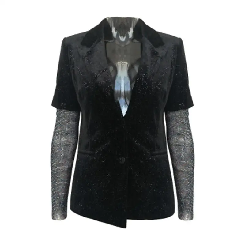 

Fashion blazer female spring New Runway design Hot pearl bright velvet silhouette mesh gauze long sleeve stitching black blazer