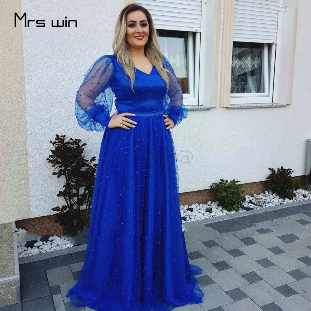 

Mrs Win Mother Of The Bride Dresses Royal Blue Luxury Beading Long Sleeves Prom Dress HR383 V Neck A Line Mother Gowns For Women