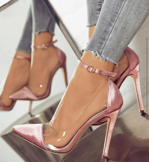 

Pink silk pointed transparent film sexy one line buckle high heels