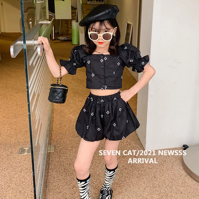 Комплект летнего платья для девочек новинка 2022 шорты с цветочным принтом детская