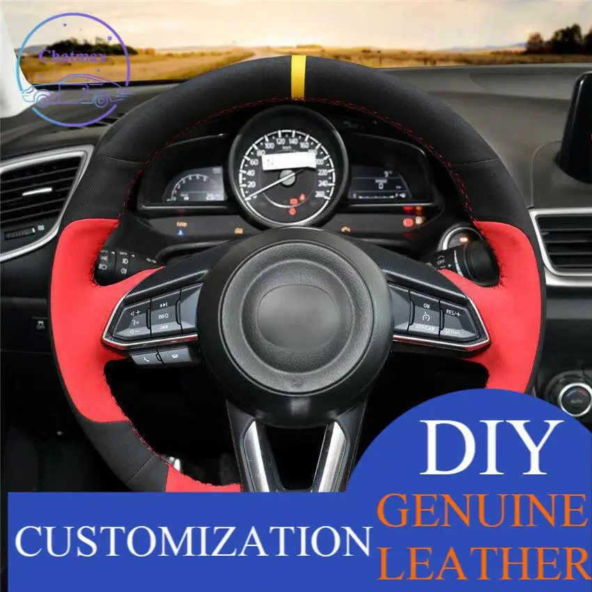 

For Mazda CX-9 /CX-5 / Axela car steering wheel cover black red leather DIY anti-slip design all season comfort touching sense