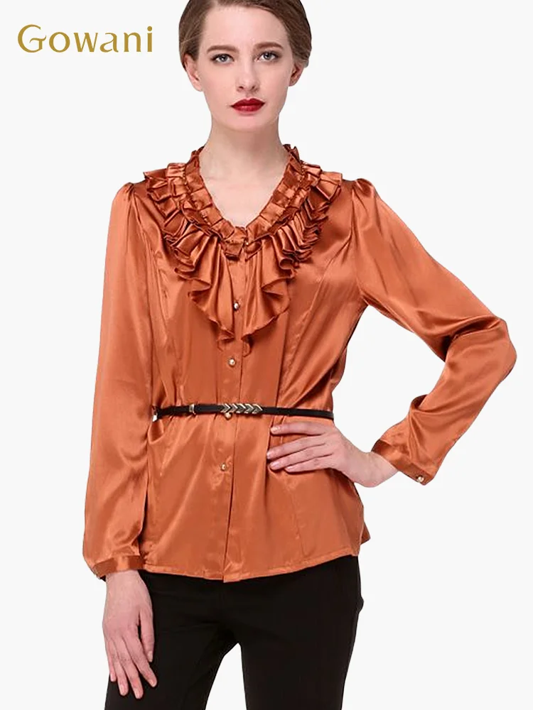 

Gowani Silk Blouse Women Shirts High Quality Elegant V-neck Ruffled Trim Boho Clothing Romantic Spring Clothes for Ladies