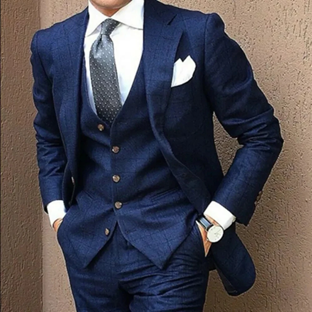 

Navy Blue Men Suits For Wedding Blazers Groom Wear 3 Pieces Jacket+Vest+Pants Formal Notch Lapel Tuxedos Custom Made Slim Fit
