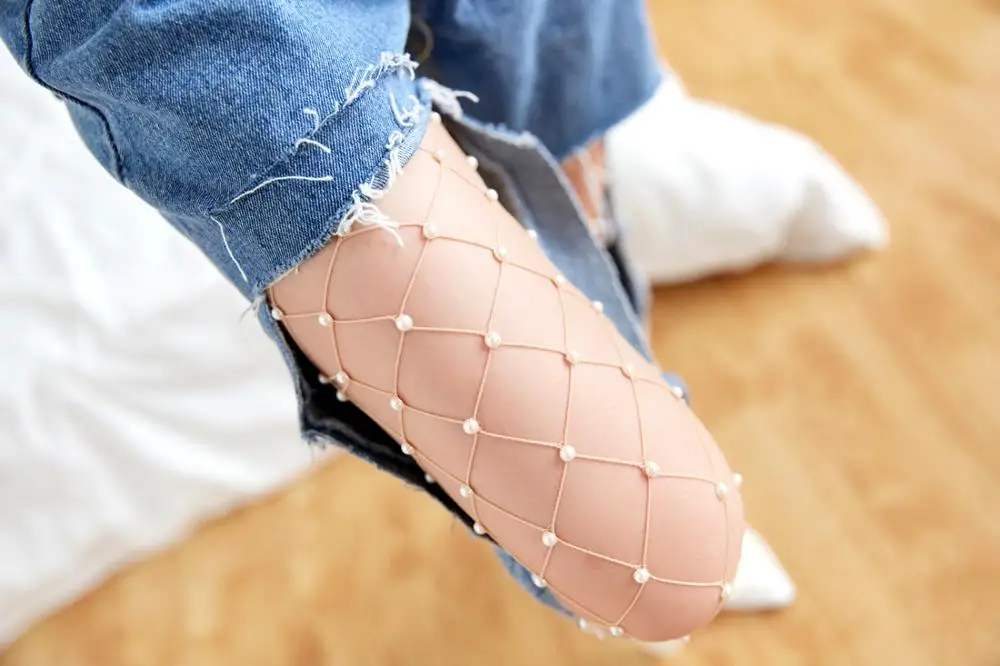 Колготки KASURE женские сетчатые с жемчугом пикантные крупные ажурные колготки для