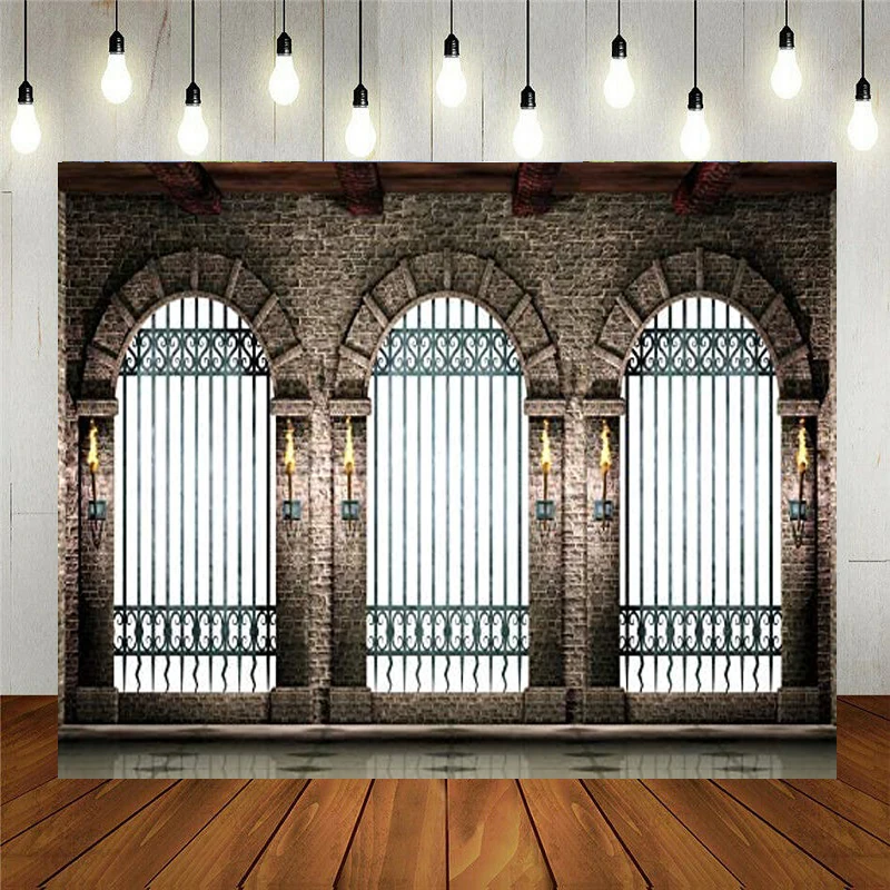 

Photography Backdrop Gothic Castle Background Ancient Stone Architecture Prizon Pathway Arch Hall Metal Gate Underground Torch