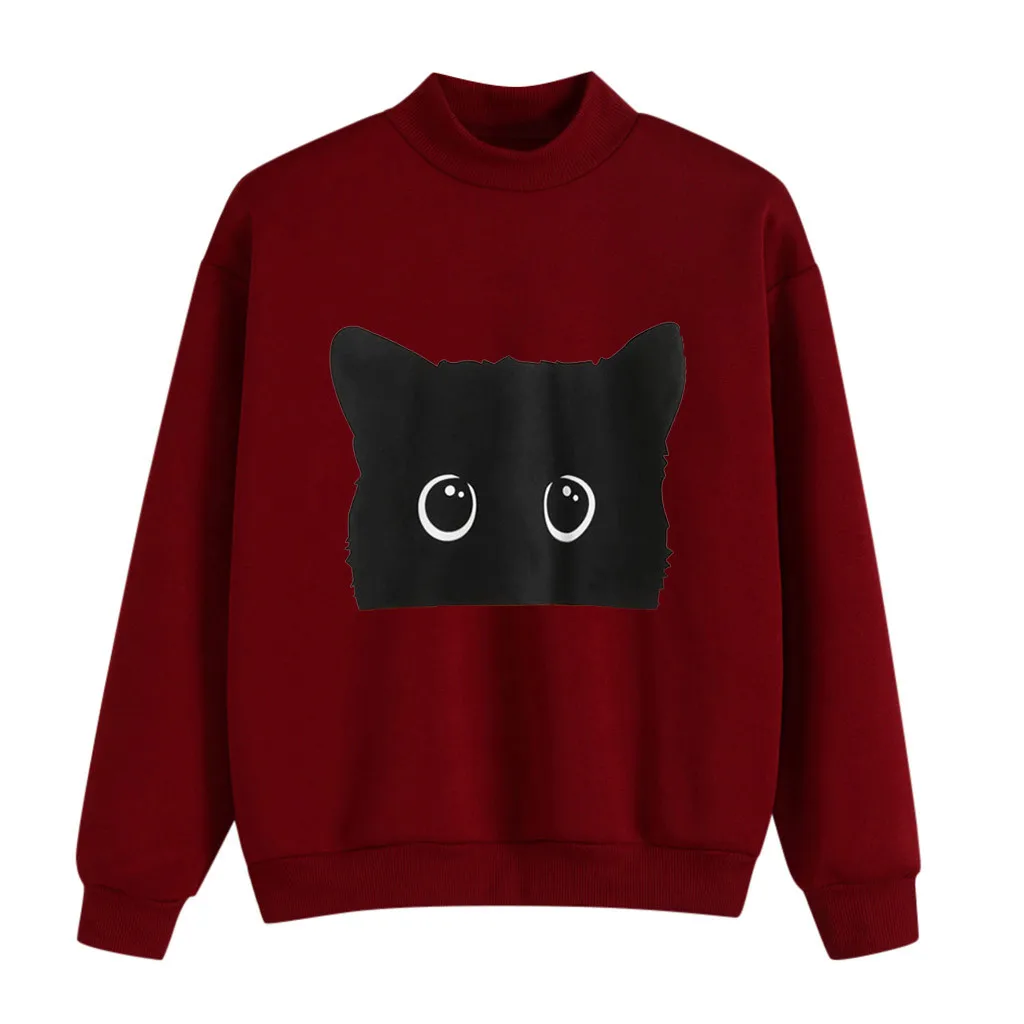 

Winter Lady Sweatshirt Printed Cat Pattern Turtleneck Long Sleeve Thicken Top Sweatshirt Casual Warm Sweatshirt Z1205