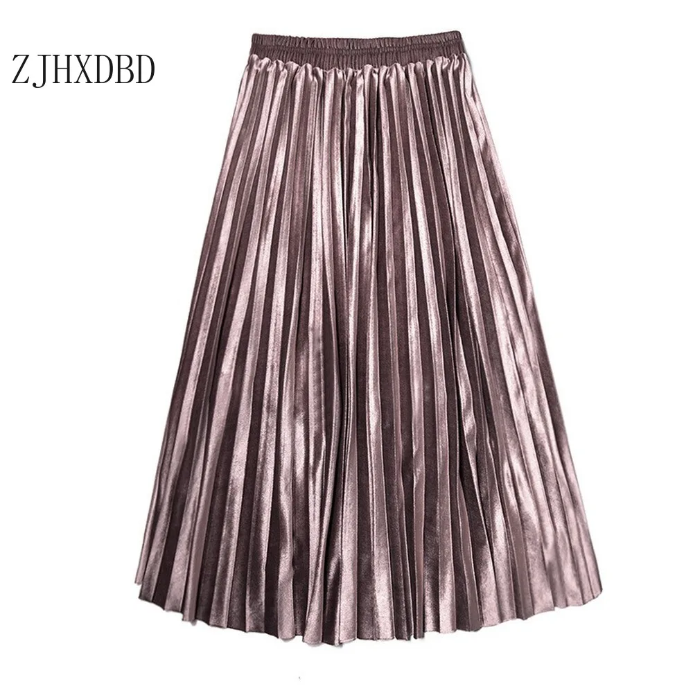 

Spring Autumn High Waist Pink Long Pleated Women Skirt 2020 Solid Breathable Elastic Midi Skirts Womens Jupe Femme Gold Velvet