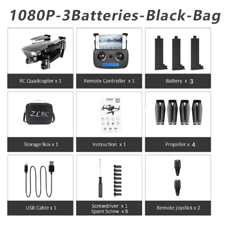 1080P-3Batteries-Bag FN, новинка 1080 года, Дрон с камерой SG901, 4 K, P, HD, двойная камера, следуем за мной, Квадрокоптер, FPV, Профессиональный gps, долгий срок службы батареи, игрушка для детей - Цвет: 1080P-3Batteries-Bag
