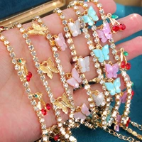 trendy new cute cherry butterfly pendant necklace for women gold color bling crystal cross tennis chain necklace wedding jewelry