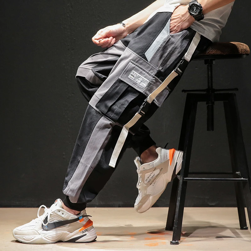 FUGOISM 2019 Autumn Joggers Men Sweatpants Cargo Pants Patchwork Striped Pure Cotton Men's Trousers Side Pockets |