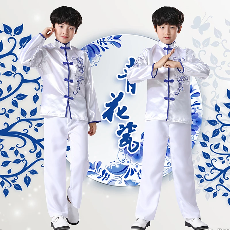 Летний детский костюм в китайском стиле из синего и белого фарфора для